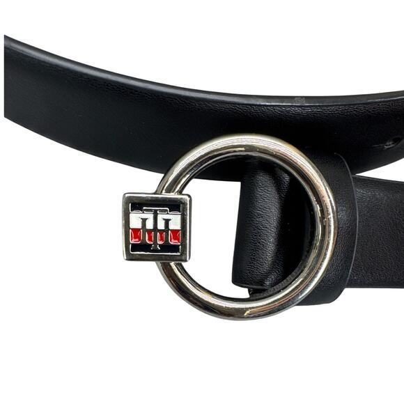 Tommy Hilfiger Black Faux Leather Silver Circle Logo Buckle Belt Women Medium - Picture 2 of 8